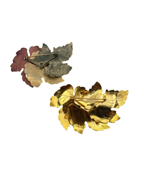 Lot 2 Vintage Metal Leaf Brooch Multicolor Autumn Fall Leaves Gold Tone Patina - Picture 8 of 8